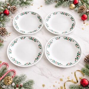 Corelle Holly Days Holiday Bread & Butter Plates Set 4 Vintage Christmas Corelle